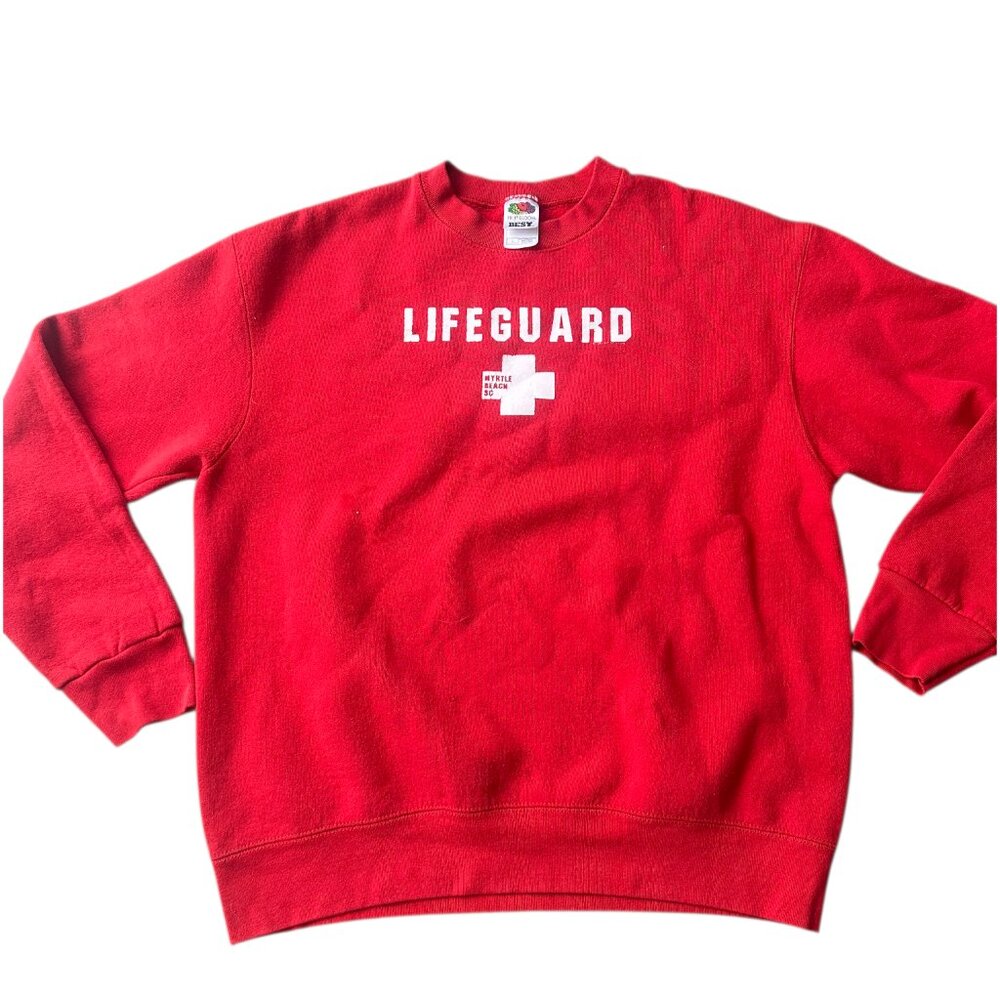 Vintage Myrtle Beach Lifeguard Sweatshirt Mens L Red Fruit of the Loom BEST USA